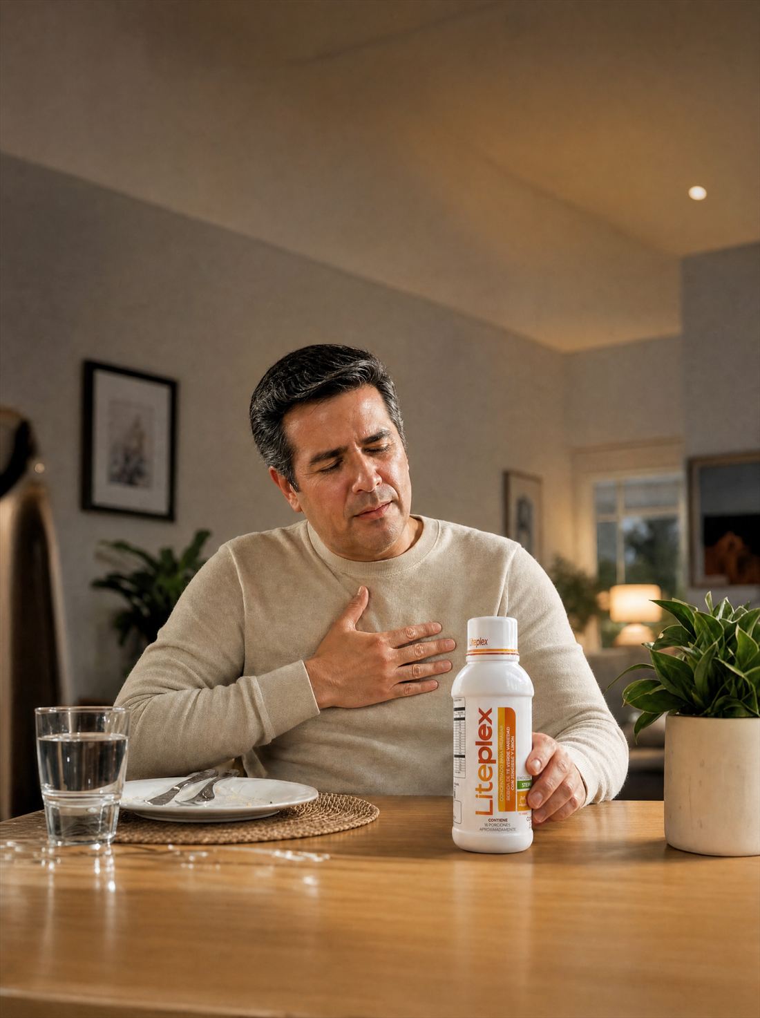 Hombre sentado a la mesa después de comer, con una mano en el pecho por la molestia, sosteniendo el frasco de Liteplex junto al plato y un vaso de agua