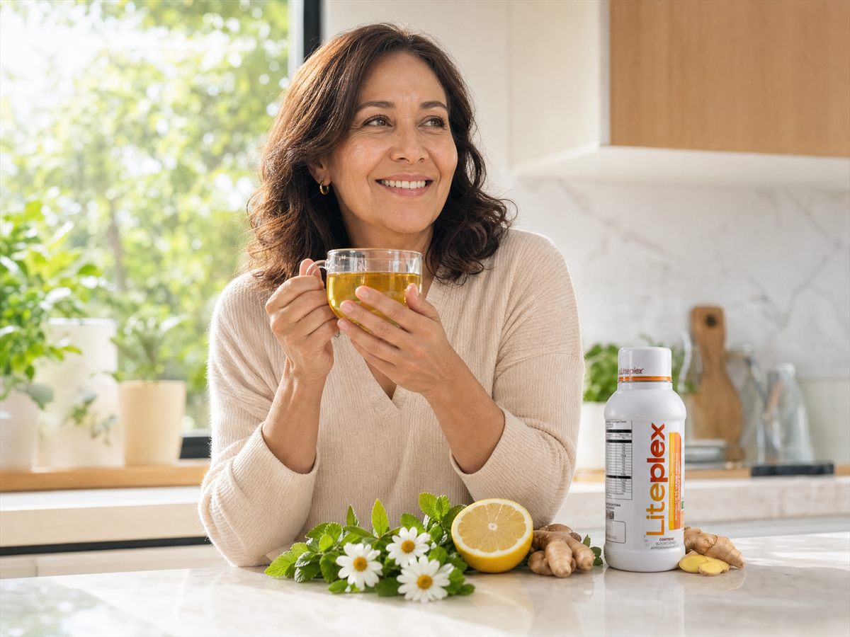 Mujer sonriendo en la cocina mientras sostiene una taza con la bebida ya preparada, con el frasco de Liteplex, limón, jengibre, menta y flores de manzanilla sobre el mesón